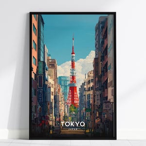 Tokyo Japan Poster – Tokyo Tower Wall Art, Vibrant Japanese Cityscape Print, Framed or Unframed, Modern Travel Art for Home or Office