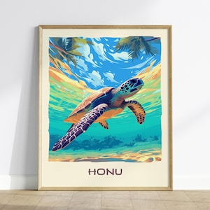 Honu Hawaiian Sea Turtle Poster: Hawaii Wall Art, Tropical Island Beach Decor, Hawaiian Gift, Aumakua Guardian Spirit, Framed or Unframed