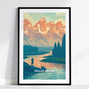 Grand Teton National Park Minimalistische Serie gerahmte Wandkunst, Jackson Hole Wyoming Vintage Poster Minimal Wohnkultur Fliegenfischen Geschenkset