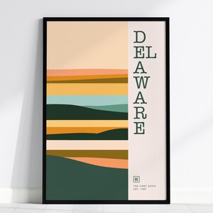 Arte de pared enmarcado con diseño minimalista de Delaware, póster moderno abstracto minimalista del primer estado, juego de regalo con impresiones de viaje al noreste de EE. UU. con decoración del orgullo de Delaware