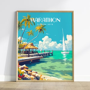 Marathon, Florida Keys gerahmte Wandkunst - Segelboot Angeln Tropical Urlaub Poster Reise Insel Print Sammlung Home Strand Cottage Dekor