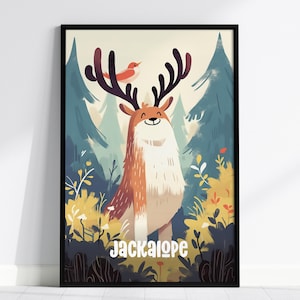 Jackalope - Cute Cryptids Series Kids Room Framed Poster Art Toddler Boys Bedroom Child's Nursery Print Woodland Myth Lore Cryptozoology Set