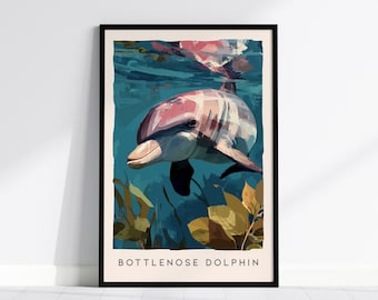Bottlenose Dolphin Art Print: Florida Coastal Wildlife Print, Modern Nature Wall Decor, Framed or Unframed