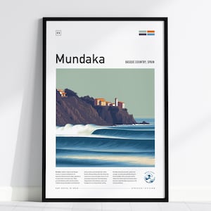 Póster enmarcado de Mundaka, España, lugar para surfear, Europa, País Vasco, surf, arte mural moderno, impresión de viaje para surfistas, regalo, decoración minimalista de olas costeras