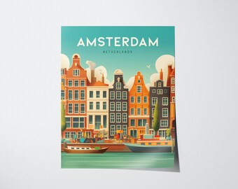 アムステルダム運河アートプリント：オランダ旅行ポスター - Etsy 日本