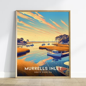 May include: A framed art print of Murrells Inlet, South Carolina. The artwork depicts a coastal scene with boats, marsh grass, and a colorful sky. The text "Murrells Inlet South Carolina" is printed at the bottom of the image.