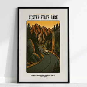 Custer State Park Vintage Poster - Nadeln Road, South Dakota Druck, Malerische Fahrt Art, gerahmt oder ungerahmt, tolles Geschenk für die Inneneinrichtung
