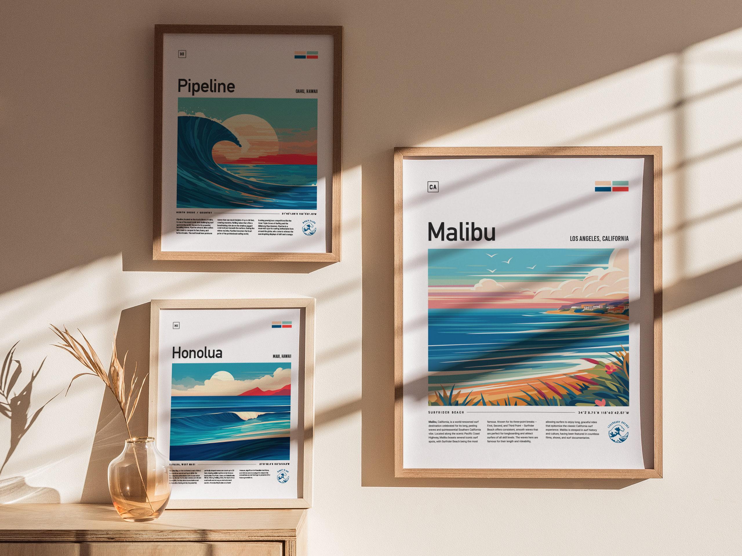 マリブ・サーフライダー・ビーチの額入りポスター：カリフォルニア