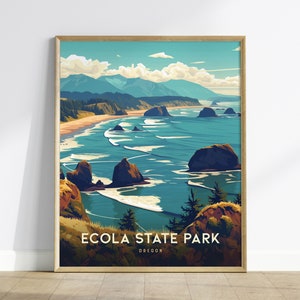 Póster del parque estatal Ecola de Oregón, arte de paisaje costero, impresión de naturaleza enmarcada o sin marco, regalo de senderismo, decoración del noroeste del Pacífico, arte de la costa de Oregón