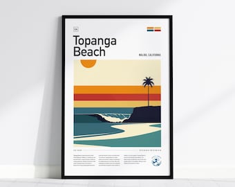 Póster de surf de Topanga Beach Malibu, lámina artística moderna de olas de California, decoración de pared costera, con o sin marco.