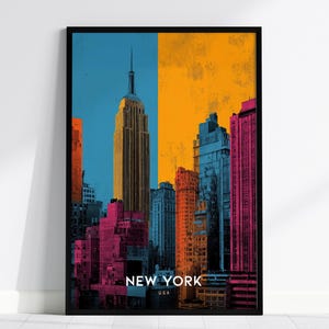 Póster de arte mural del horizonte de la ciudad de Nueva York: impresión pop art del Empire State Building, arte mural neoyorquino inspirado en Warhol, con opciones enmarcadas o en lienzo.