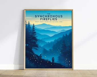 Luciérnagas en el Parque Nacional de las Grandes Montañas Humeantes. Impresión de viaje enmarcada. Impresión del Parque Nacional de las Grandes Montañas Humeantes. Luciérnagas sincrónicas.