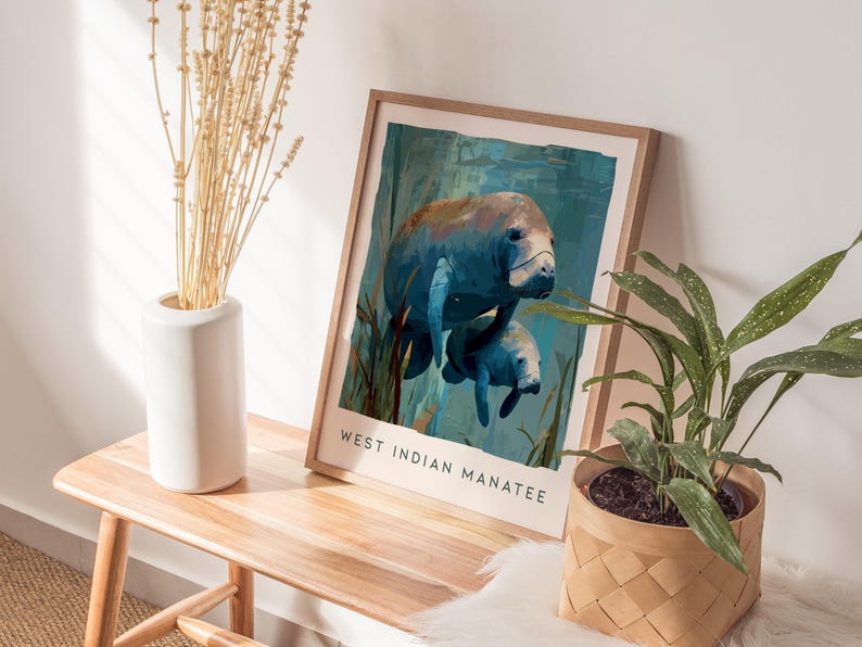 Manatee Art Print: Florida Wildlife Sea Cow Print, Modern Nature Wall Decor, Framed or Unframed image 3