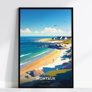 Montauk New York Poster - Küstenstrand Kunstdruck, Ostküste Reise Dekor, Hamptons Wandkunst, Long Island Ozean Szene, gerahmt oder ungerahmt