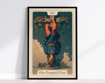 Ingelijste poster The Hanged Man tarotkaart: Rider Waite art nouveau-ontwerp