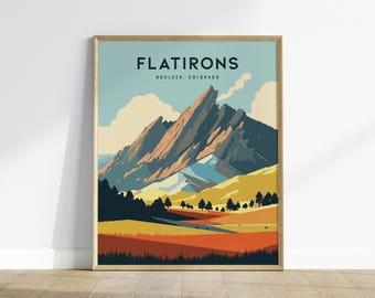 Póster de los Flatirons de Boulder, Colorado: Impresión minimalista de arte de montaña, arte mural de Boulder, póster de viaje de Colorado, decoración del hogar con impresión de los Flatirons
