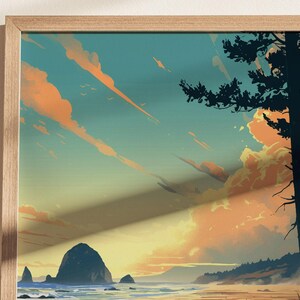 Cannon Beach Oregon Poster: Haystack Rock Coastal Art, Pacific Northwest Print, Oregon Coast Gift, Beach Decor, Vintage, Framed or Unframed image 6