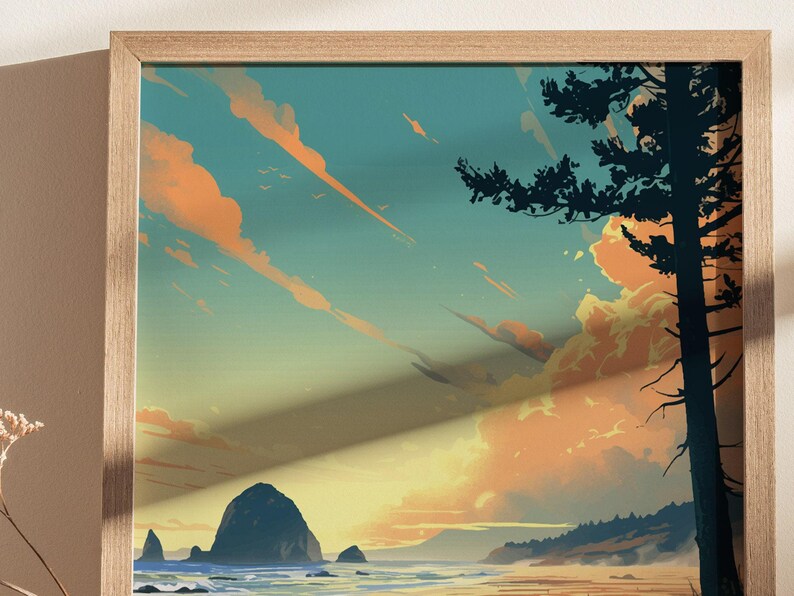 Cannon Beach Oregon Poster: Haystack Rock Coastal Art, Pacific Northwest Print, Oregon Coast Gift, Beach Decor, Vintage, Framed or Unframed image 6