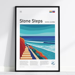 Könnte beinhalten: Ein gerahmter Kunstdruck mit einer stilisierten Illustration von Stone Steps in Encinitas, Kalifornien. Das Kunstwerk zeigt eine Küstenlandschaft mit einer Treppe zum Meer, in Blau-, Orange- und Beigetönen. Der Druck enthält den Text "Stone Steps" und "Encinitas, California".