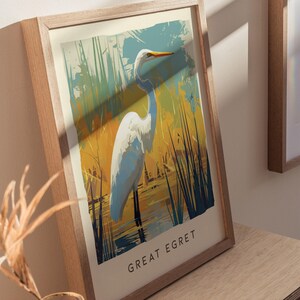 Biała czapla, Floryda Ptaki Dzikie Zwierzęta Oprawione Ścienne Sztuka: Plakat z Ptakami Przyrodniczymi Projekt Podróży Wydruk Jezioro Dom Plaża Domek Ptaki Dekoracje Zestaw zdjęcie 8