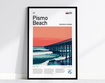 Impressão do Píer de Pismo Beach: Arte de Surf da Califórnia, Pôr do Sol Costeiro
