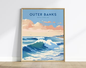 Outer Banks Surf Poster: OBX Beach Art North Carolina, Nautical Coastal Decor, NC Gift, Beach House Wall Art, Nags Head Print, Surf, Framed