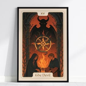 Póster de la carta del Tarot del Diablo: Impresión de los XV Arcanos Mayores, Arte mural gótico, Ilustración simbólica, Decoración de Tarot con o sin marco, Arte mural para oficina