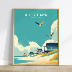 Póster de viaje enmarcado de Kitty Hawk de Outer Banks, arte mural playero de Kitty Hawk, póster de Kitty Hawk de OBX, Carolina del Norte, decoración para el hogar en la costa atlántica
