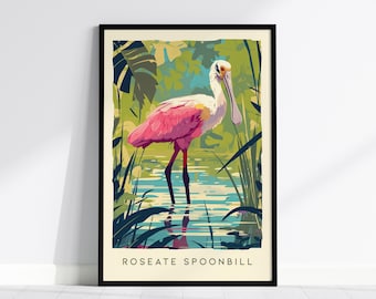 May include: A framed art print featuring a stylized illustration of a pink roseate spoonbill standing in shallow water surrounded by green foliage. The bird has a long, flat bill and bright pink plumage. The text ROSEATE SPOONBILL is at the bottom.
