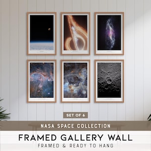 May include: A set of six rectangular framed wall art prints featuring NASA space imagery. The collection includes depictions of planetary horizons, nebulae, star clusters, and lunar surfaces, all encased in matching light wood frames.