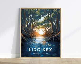 Lido Key, Sarasota, Floryda Oprawiona sztuka ścienna - plakat z wiosłami na plaży Mangroves, projekt podróży, wyspa, wydruk, kajakarz, deska do wiosłowania, prezent