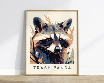 Impresión artística de mapache y panda basura: póster divertido de vida silvestre urbana