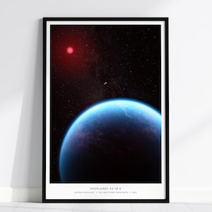 Póster del exoplaneta K2-18 b: Mundo Hycean a 124 años luz. Disponible con o sin marco. Ideal como regalo para amantes del espacio. Decoración de pared espacial.