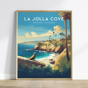 Arte de pared enmarcado de La Jolla Cove, San Diego / Diseño de póster de Torrey Pines Shores / Impresión de león marino de California / Set de regalo de decoración para el hogar con focas surfistas