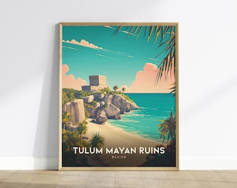Plakat z ruinami Majów w Tulum: widok na plażę w Meksyku i starożytne ruiny