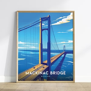 Mackinac Bridge, Michigan Poster - Iconic Suspension Bridge Scenery, Available Framed/Unframed, Perfect Michigan Souvenir, Mackinac Decor