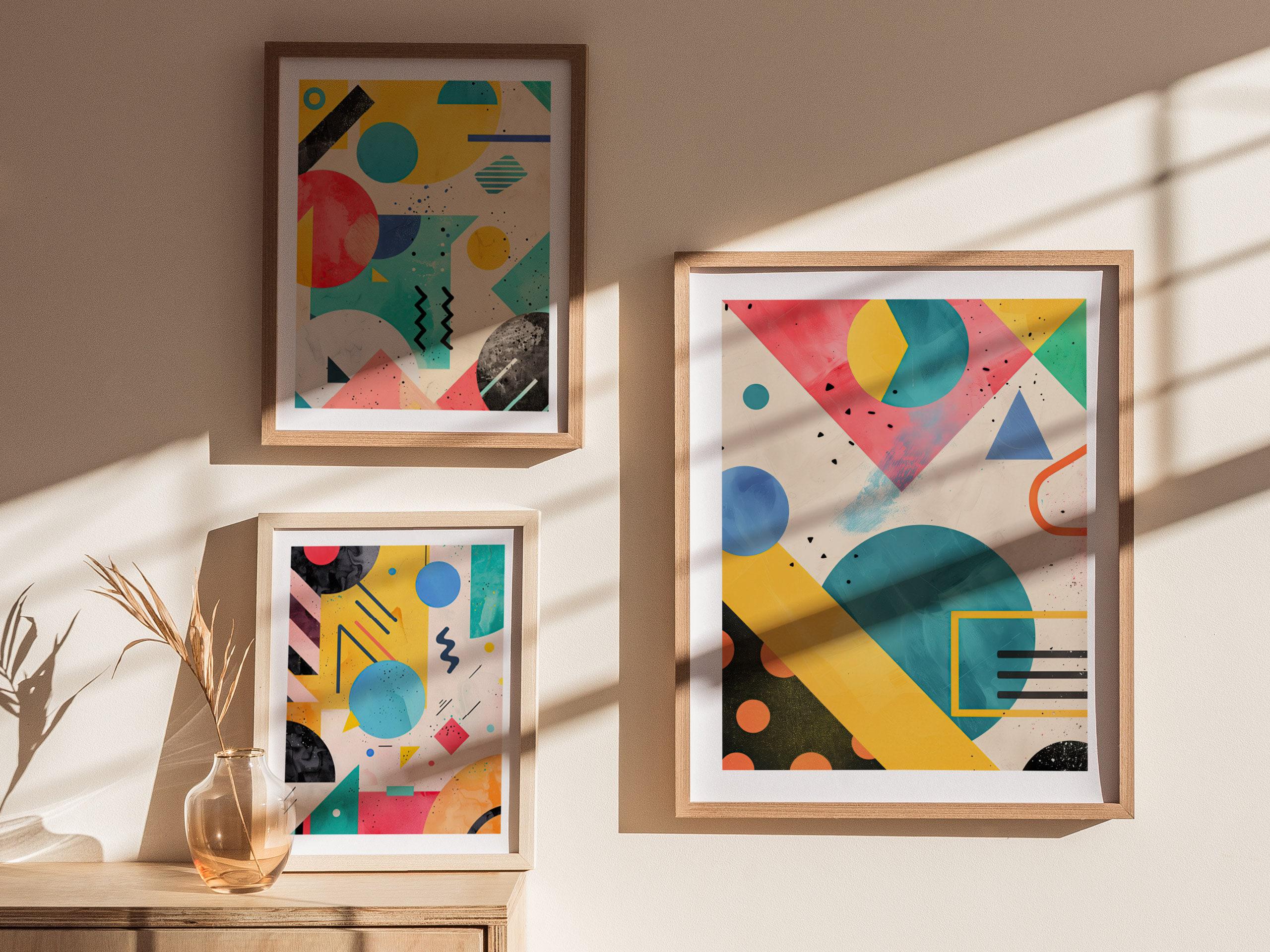 絵画 Original Abstract Art / 9-piece set 90s Abstract Art Framed Poster: Retro Geometric Design - Etsy