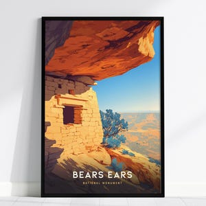 Póster del Monumento Nacional Bears Ears, Utah: Vista de las ruinas de la Casa del Fuego. Disponible con o sin marco. Ideal para excursionistas. Regalo ideal para Bears Ears.