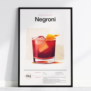 Impresión de cóctel Negroni: receta clásica de aperitivo italiano, arte minimalista para bar, con o sin marco, decoración perfecta para el bar o la cocina.