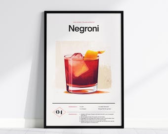 Negroni Cocktail Recipe Print: Minimalist Bar Art, Italian Aperitif