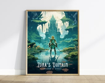 Zelda Zora's Domain gerahmte Wandkunst | Hyrule Zora Poster Design, Link BOTW ungerahmter Druck, Gamer Gift Legend TOTK Home Decor Collection Set