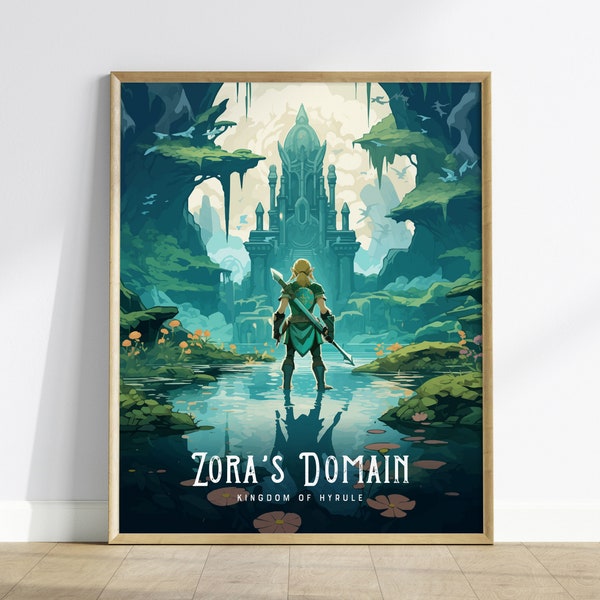 Zelda Zora's Domain Framed Wall Art | Hyrule Zora Poster Design, Link BOTW Unframed Print, Gamer Gift Legend TOTK Home Decor Collection Set