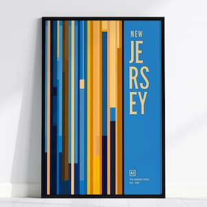 Póster minimalista del estado de Nueva Jersey: líneas abstractas vibrantes, disponible con o sin marco, perfecto para decoración del hogar y la oficina, regalo artístico de Nueva Jersey.