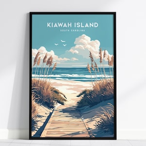 Póster de viaje con arte mural de la playa de Kiawah Island, Carolina del Sur, decoración del hogar, costa sureste, océano, encanto sureño, vacaciones de golf, regalo para golfistas