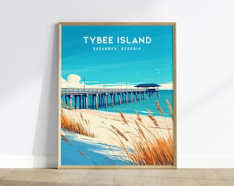 Tybee Island Pier Print: Scena plażowa na wybrzeżu Georgii, oprawiona lub nieoprawiona