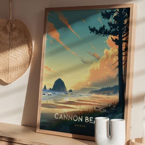 Cannon Beach Oregon Poster: Haystack Rock Coastal Art, Pacific Northwest Print, Oregon Coast Gift, Beach Decor, Vintage, Framed or Unframed image 7