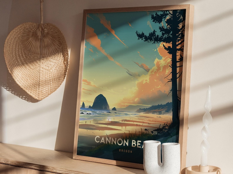 Cannon Beach Oregon Poster: Haystack Rock Coastal Art, Pacific Northwest Print, Oregon Coast Gift, Beach Decor, Vintage, Framed or Unframed image 7