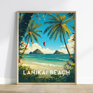Lanikai Beach, Kailua, Oahu, Hawaii, Framed Art | Hawaiian Island Poster Design Travel Kite Surfer Tropical Rental Home Decor Print Gift Set