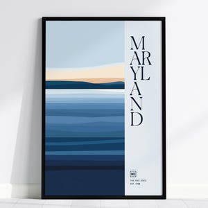 Póster de Maryland, Estado Libre: diseño abstracto de la bahía de Chesapeake. Disponible con o sin marco. Ideal para decoración costera. Arte mural de Maryland.