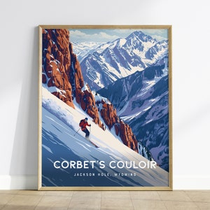 Corbet's Couloir, Jackson Hole, Wyoming, stampa artistica da parete con cornice / poster di sci alpino, snowboard, design di stampa, opera d'arte da viaggio, regalo, decorazione